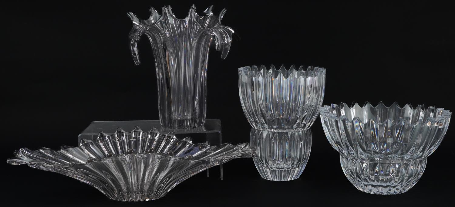 Four contemporary art glass vases including two Slovenian examples by Mikasa, the largest 48cm in