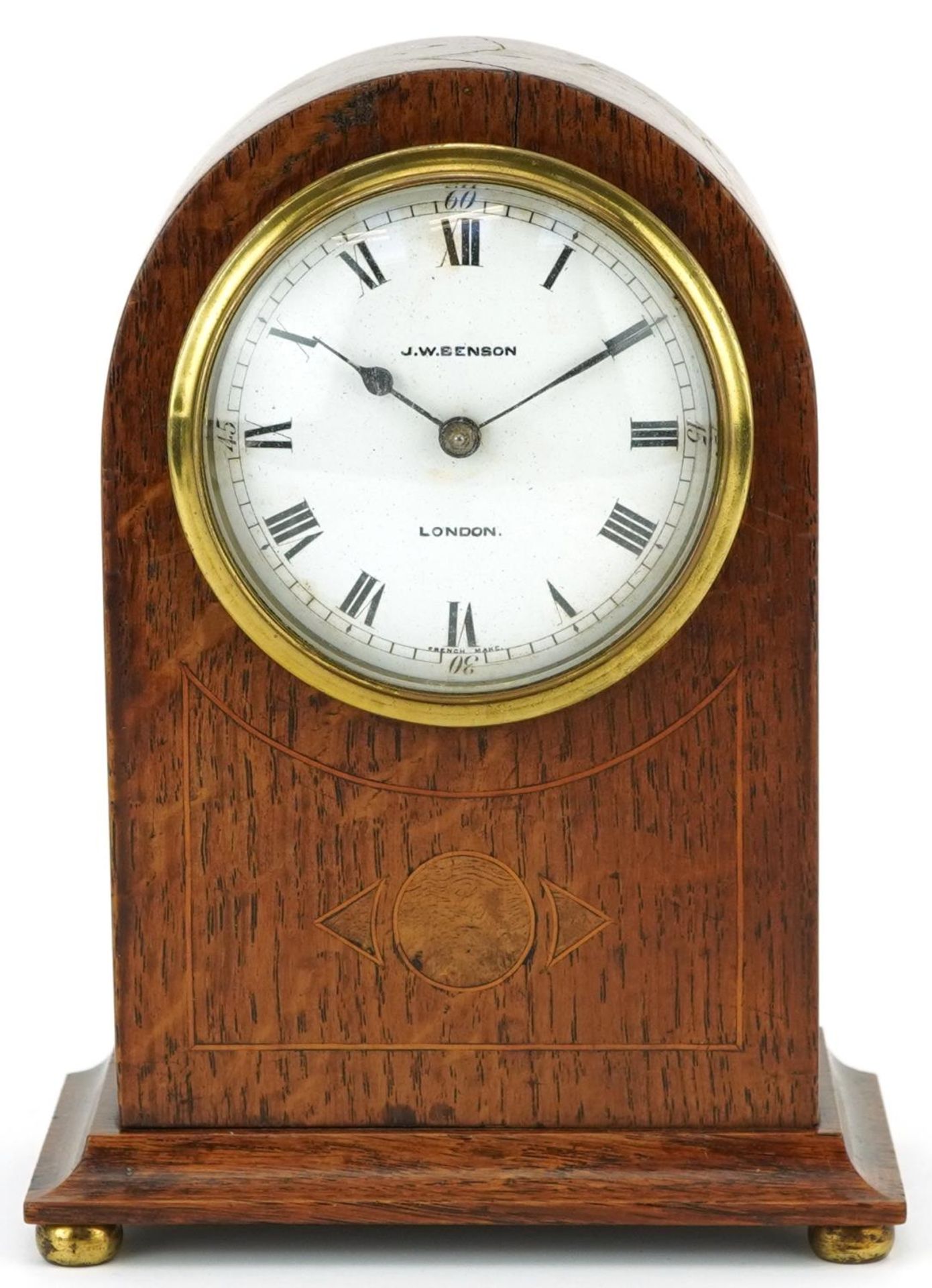 Edwardian inlaid oak dome top mantle clock retailed by J W Benson London having enamelled dial - Bild 2 aus 4