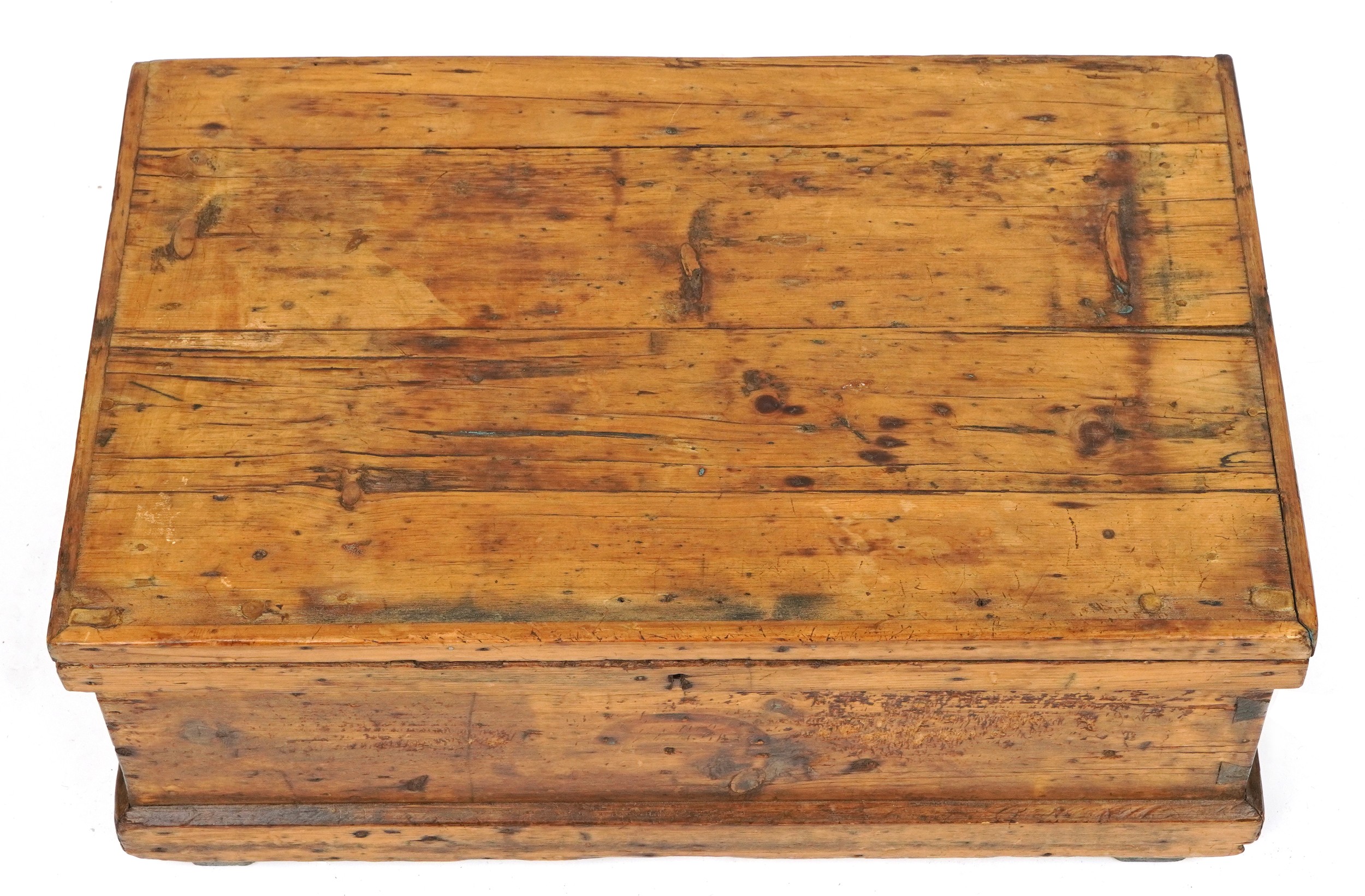 Victorian waxed pine tool chest with carrying handles, 27cm H x 64.5 W x 40cm D - Image 4 of 5