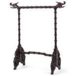Chinese hardwood faux bamboo brush hanger carved with dragon's heads, 38cm high