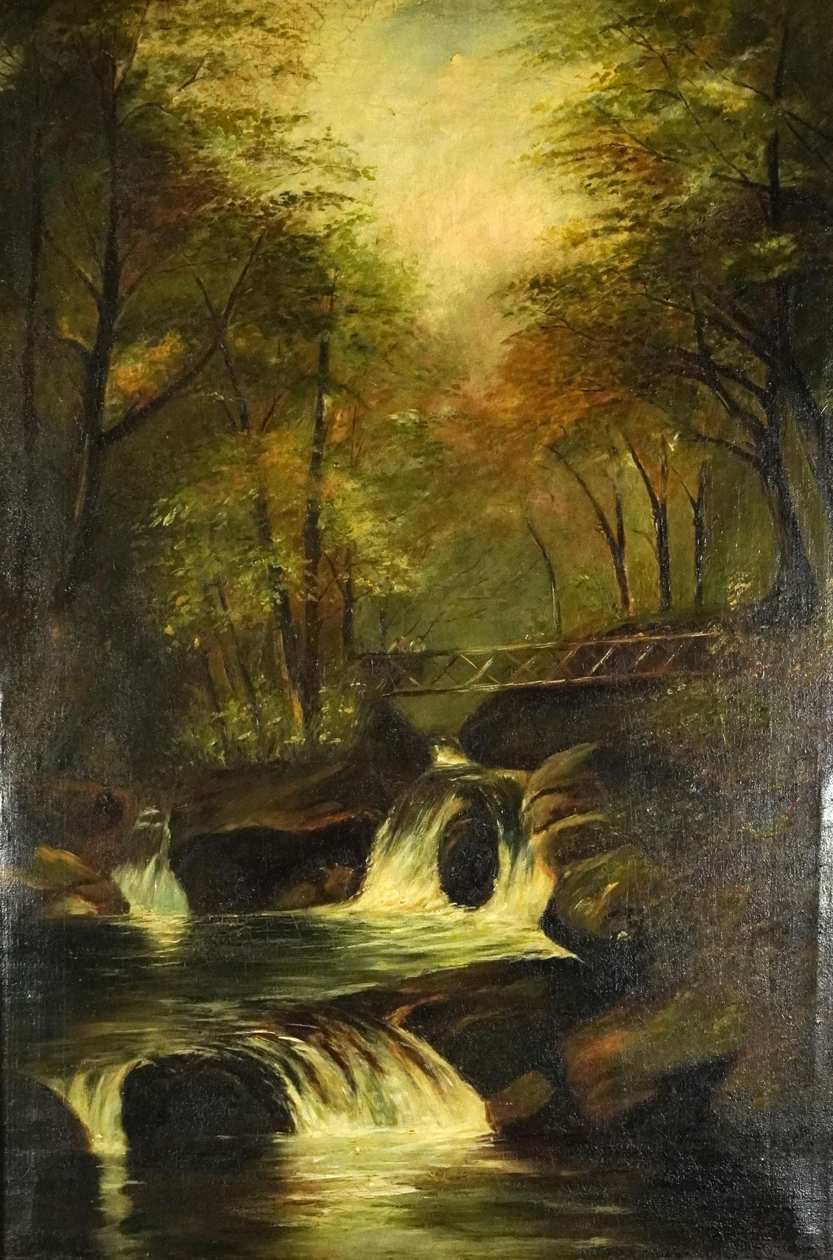 Betws-Y-Coed, figures on a bridge over waterfall, 19th century English school oil on canvas, mounted