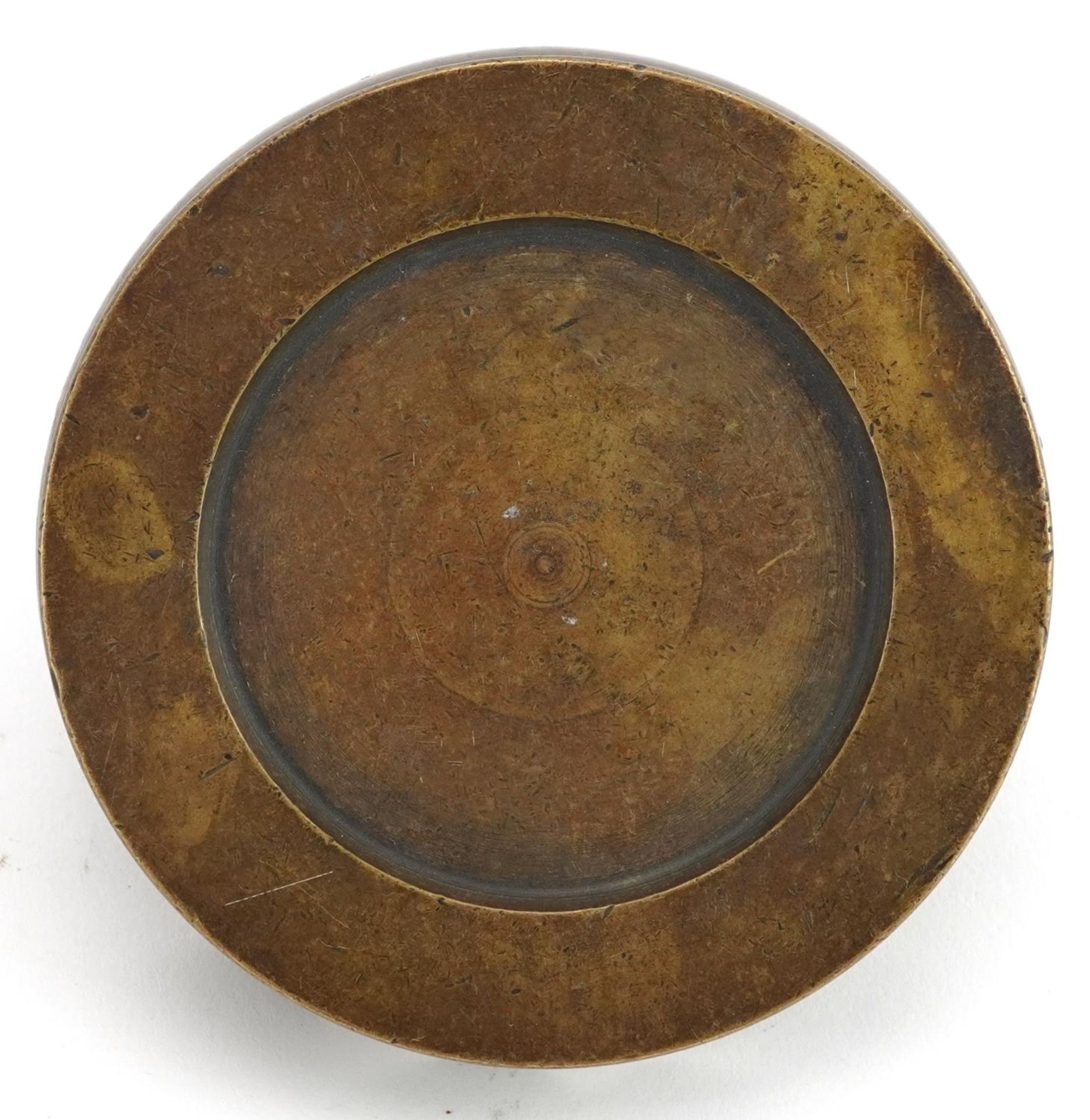 Chinese patinated bronze four footed censer stand, 9.5cm in diameter - Image 5 of 6