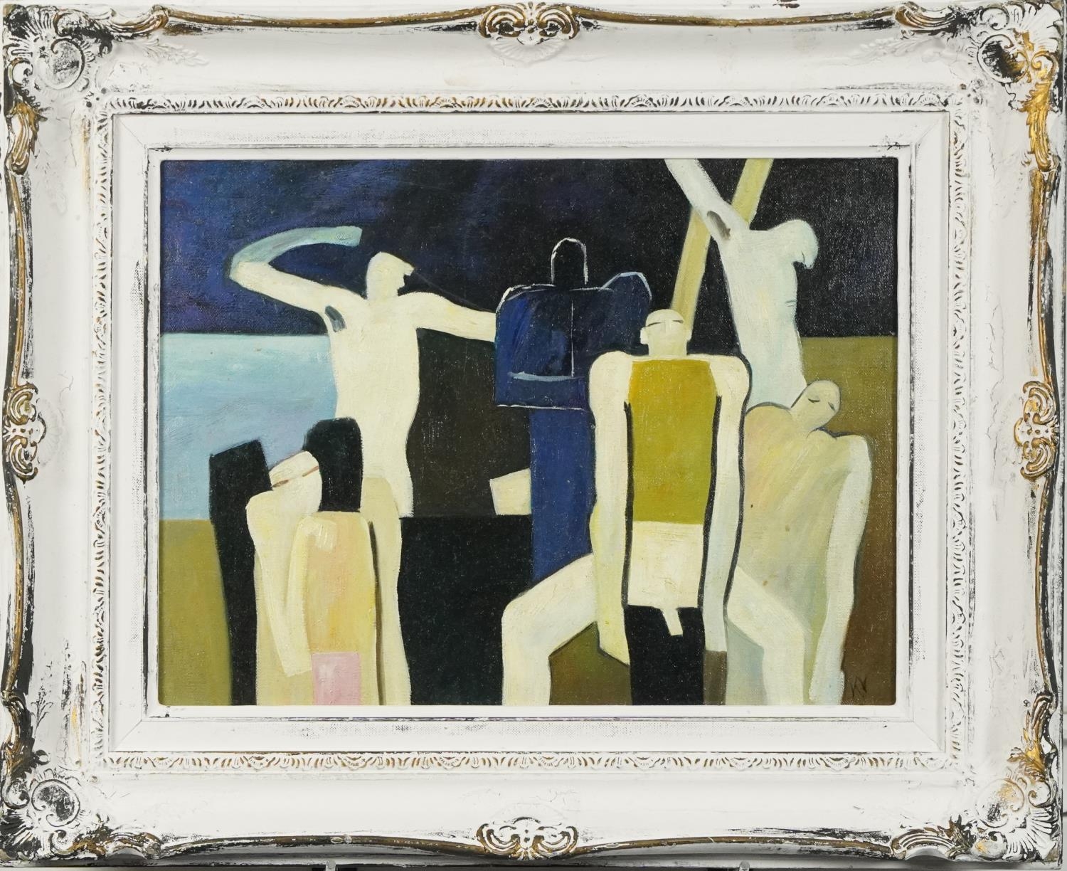 Manner of Keith Vaughan - Nude males, Welsh school oil on board, mounted and framed, 40cm x 30cm - Image 2 of 4