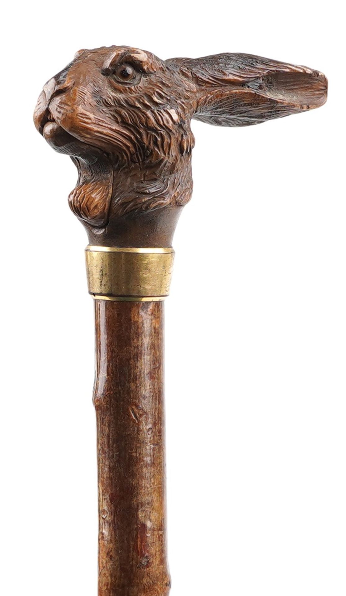 Late 19th century gnarled wood parasol with carved Black Forest hare design mechanical open and