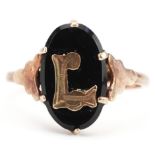 9ct gold black onyx initial L signet ring, size L/M, 1.9g