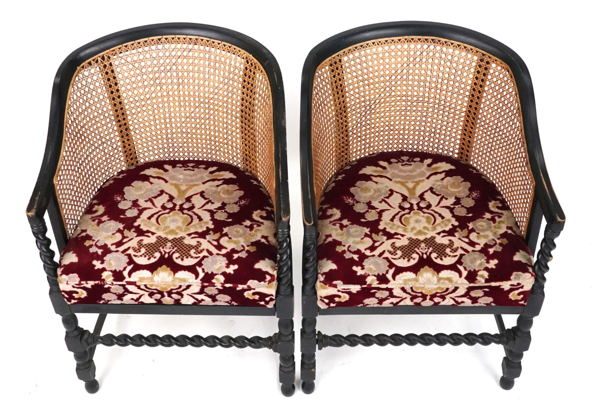 Pair of Victorian ebonised barley twist bergère tub chairs with floral upholstered cushioned - Bild 3 aus 4