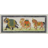 Elephant, camel and horse, Indian Mughal school watercolour on silk, mounted, framed and glazed,