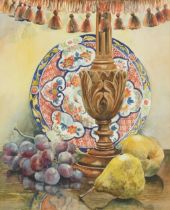 Shirley Harrell - Plate with fruit, watercolour, details verso, mounted, framed and glazed, 34cm x