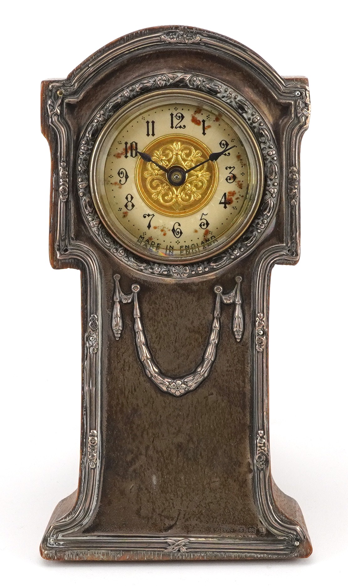 Art Nouveau silver mounted oak strut clock in the form of a longcase clock having enamelled dial - Image 2 of 6