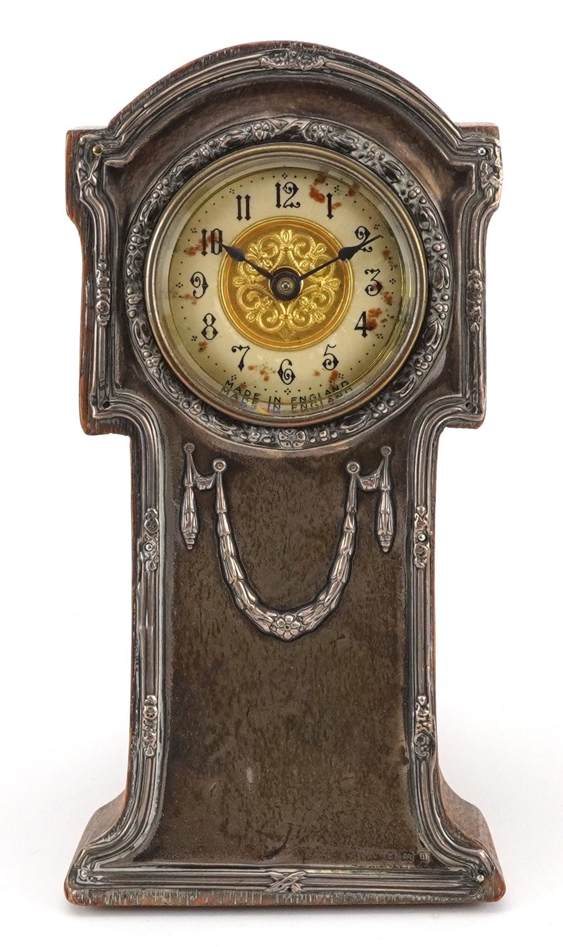 Art Nouveau silver mounted oak strut clock in the form of a longcase clock having enamelled dial - Bild 2 aus 6