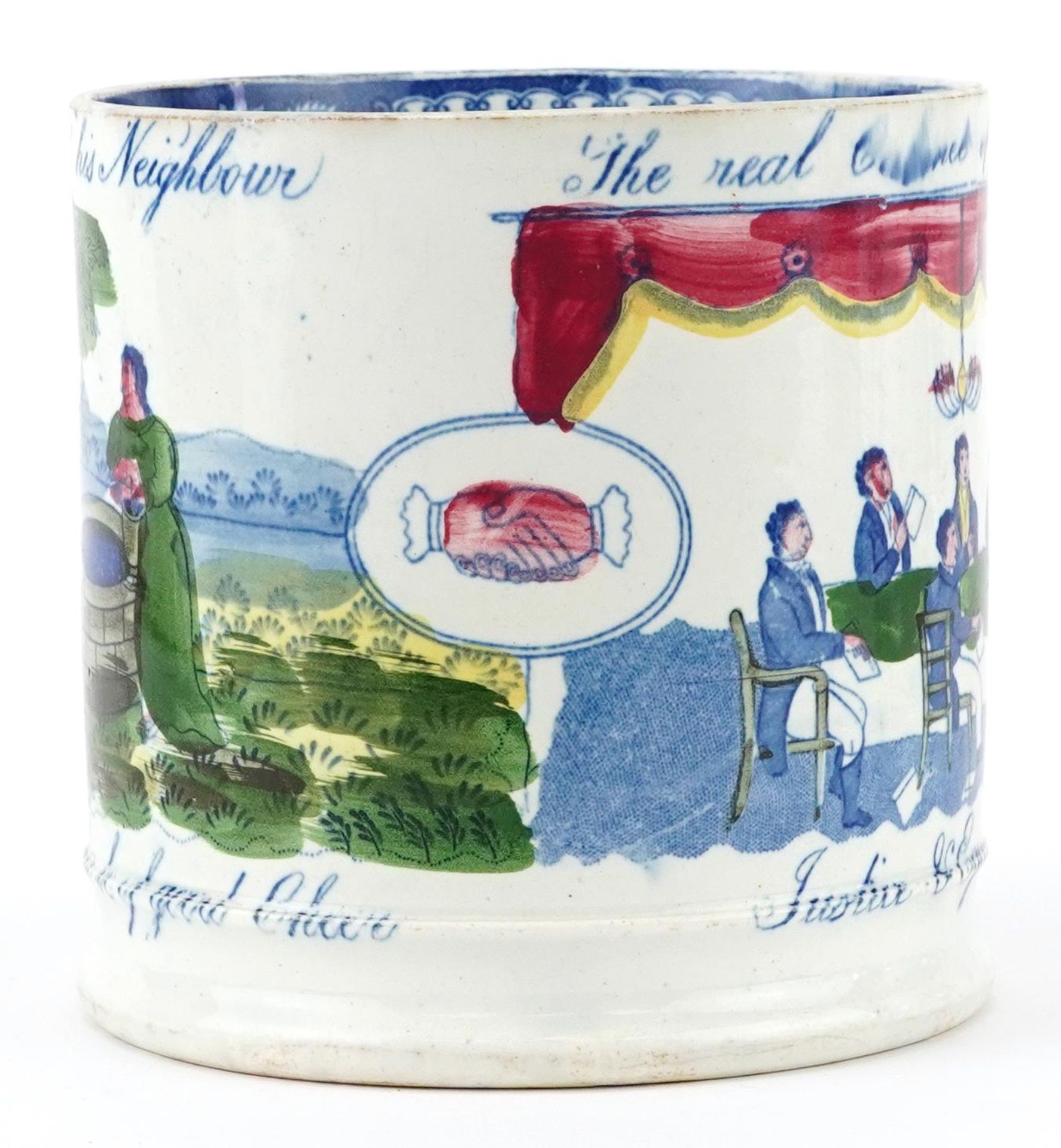 Victorian Staffordshire pearlware Friendly Society mug, 13cm high - Image 3 of 5