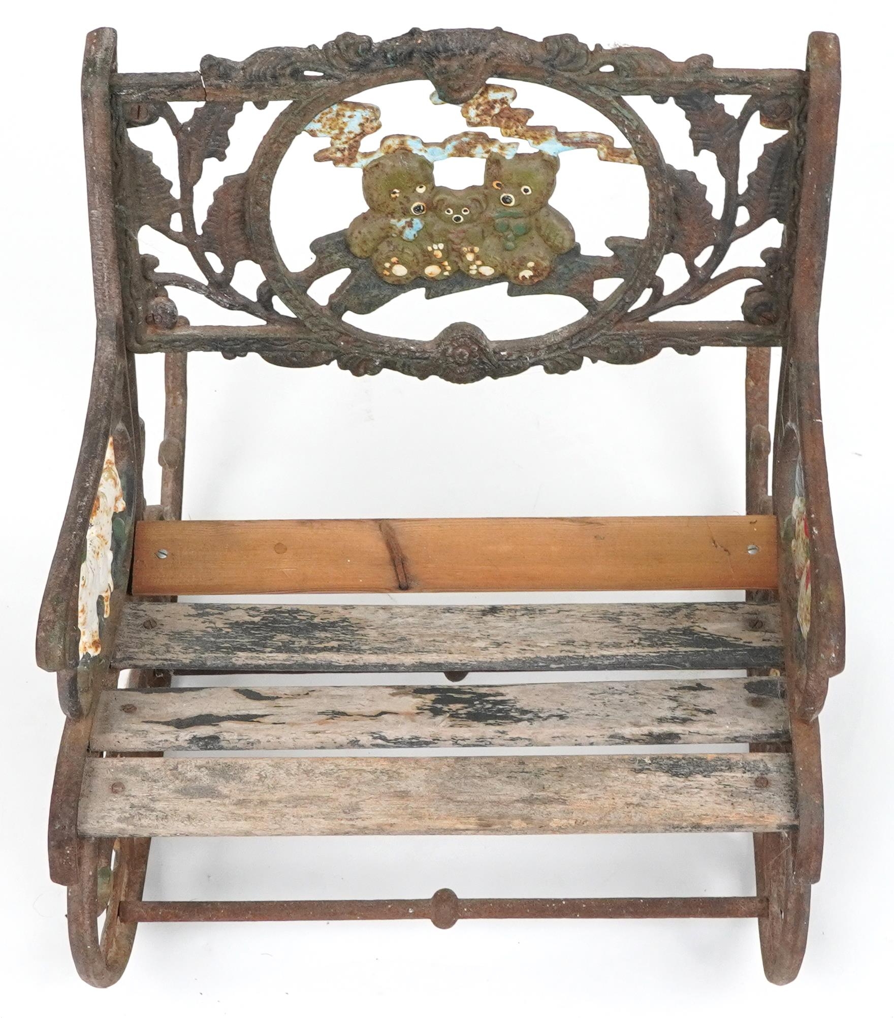 Child's painted cast iron rocking chair with wooden slats, cast with teddy bears and animals, 50cm - Image 3 of 4