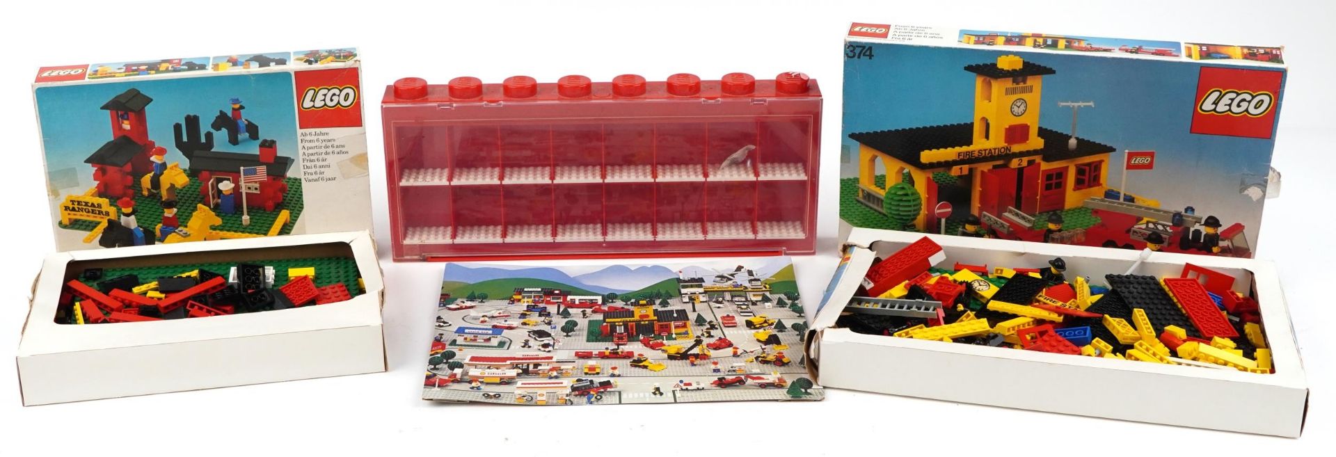 Two vintage Lego building block kits comprising Texas Rangers 372 and Fire Station 374 together with