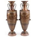 After Ferdinand Barbedienne and S Levillian, large pair of French neo Grecian patinated bronze urn