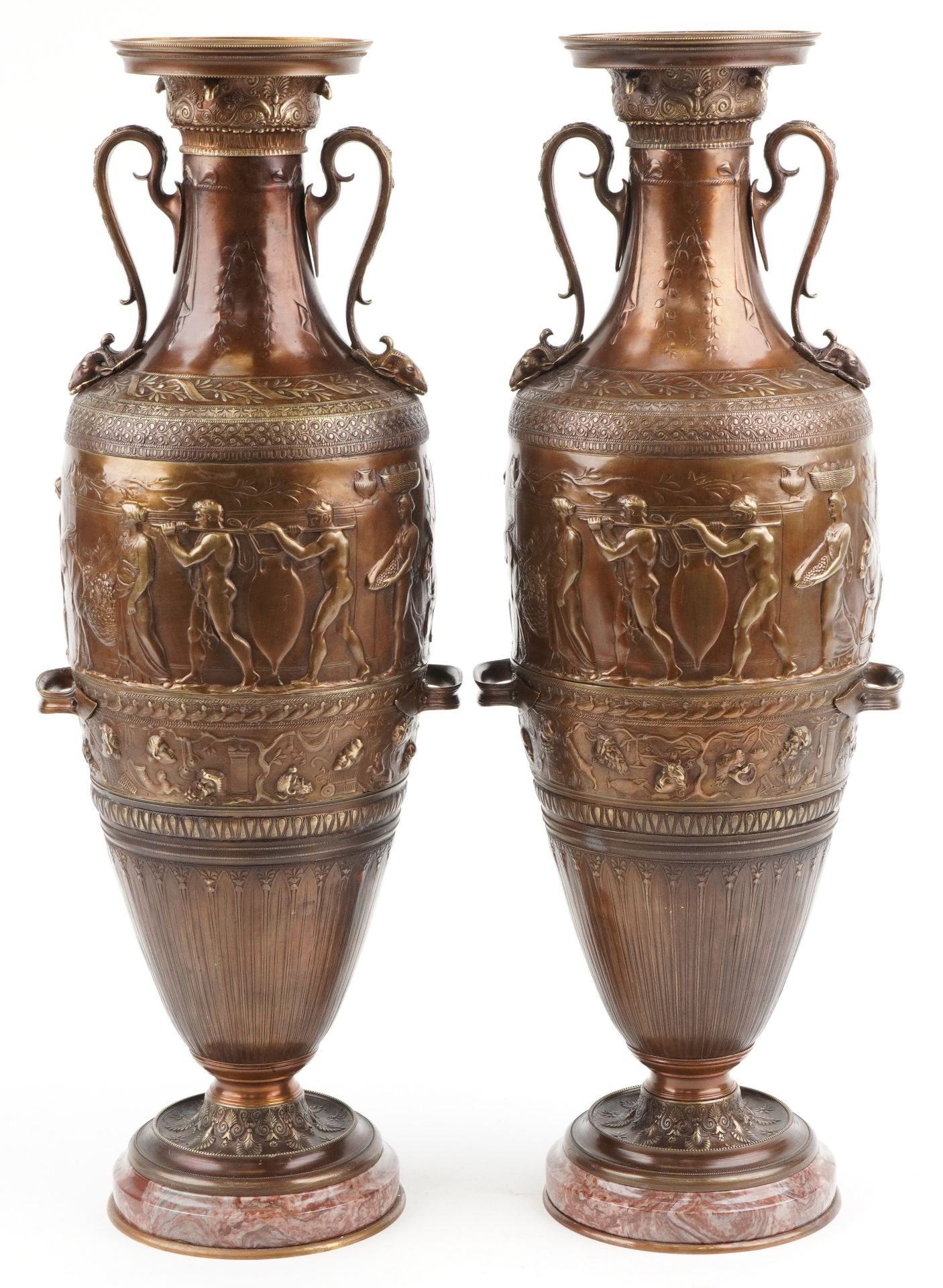 After Ferdinand Barbedienne and S Levillian, large pair of French neo Grecian patinated bronze urn