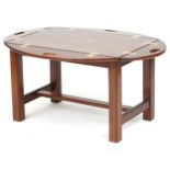 Mahogany butler's tray table with folding sides and brass foliate inlay, 56cm H x 74cm W x 50cm D as