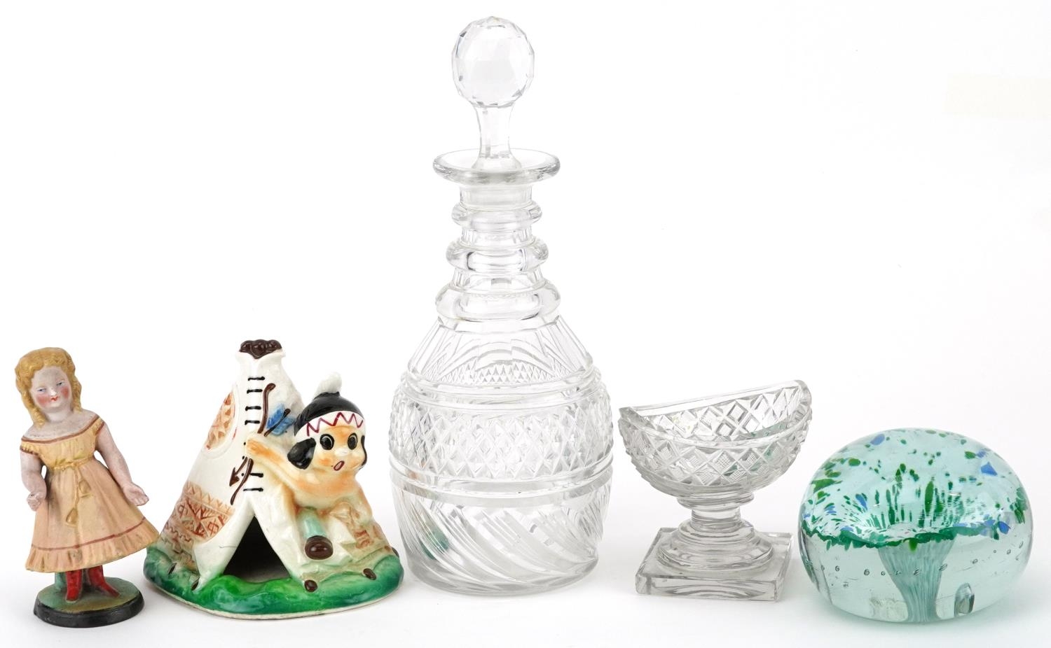 19th century and later ceramics and glassware including a Georgian three ringed decanter, bisque