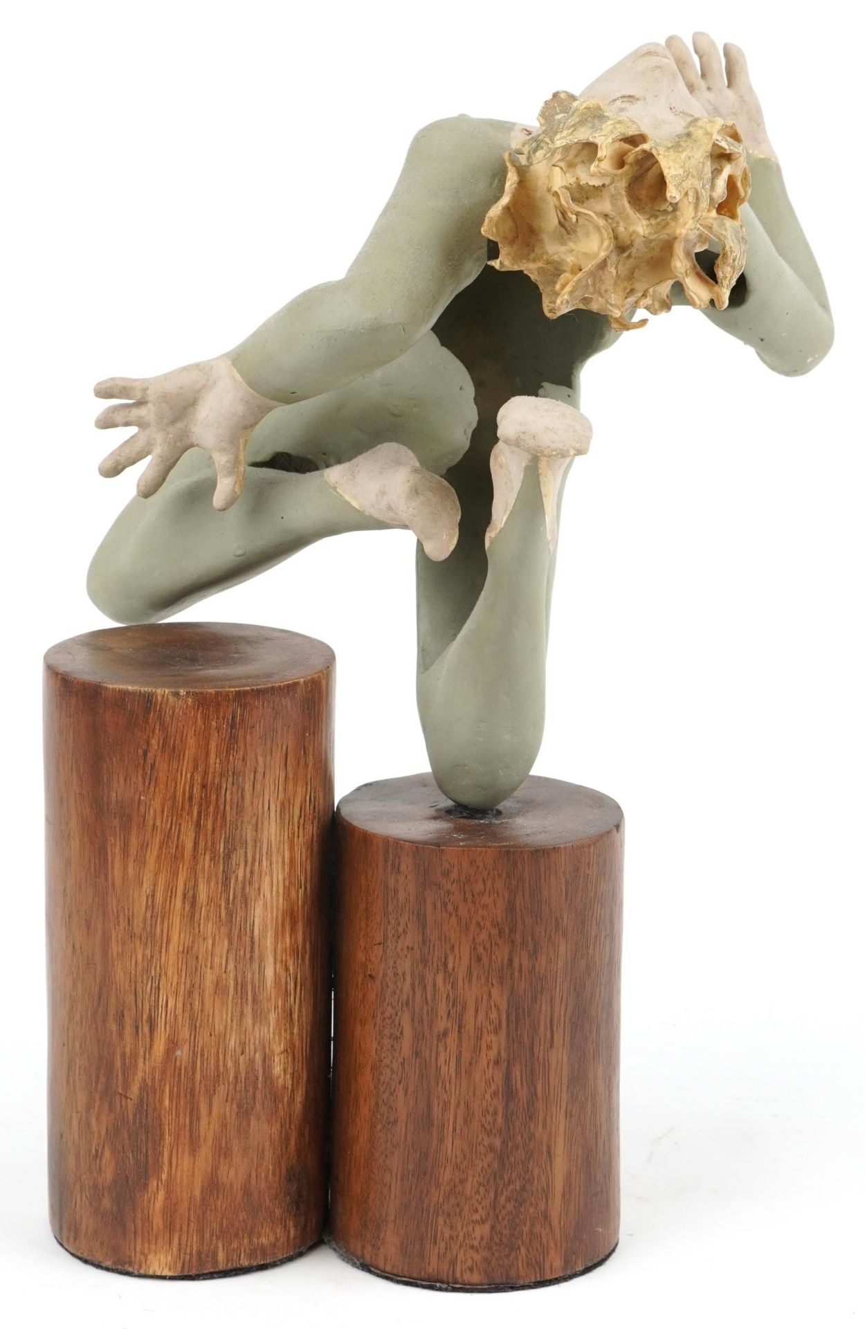 Neil Wilkinson, contemporary Brutalist painted resin sculpture of a nude female on double circular - Image 3 of 4