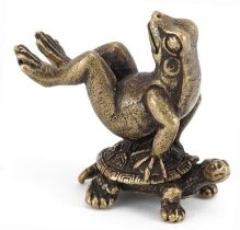 Comical bronze of a acrobatic frog on tortoise, 3.5cm high