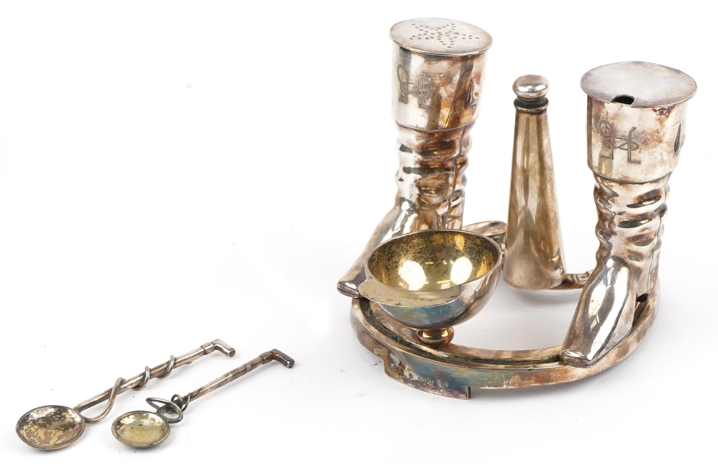 Elkington & Co, equestrian interest silver plated cruet set in the form of a horseshoe, riding boots - Image 2 of 7