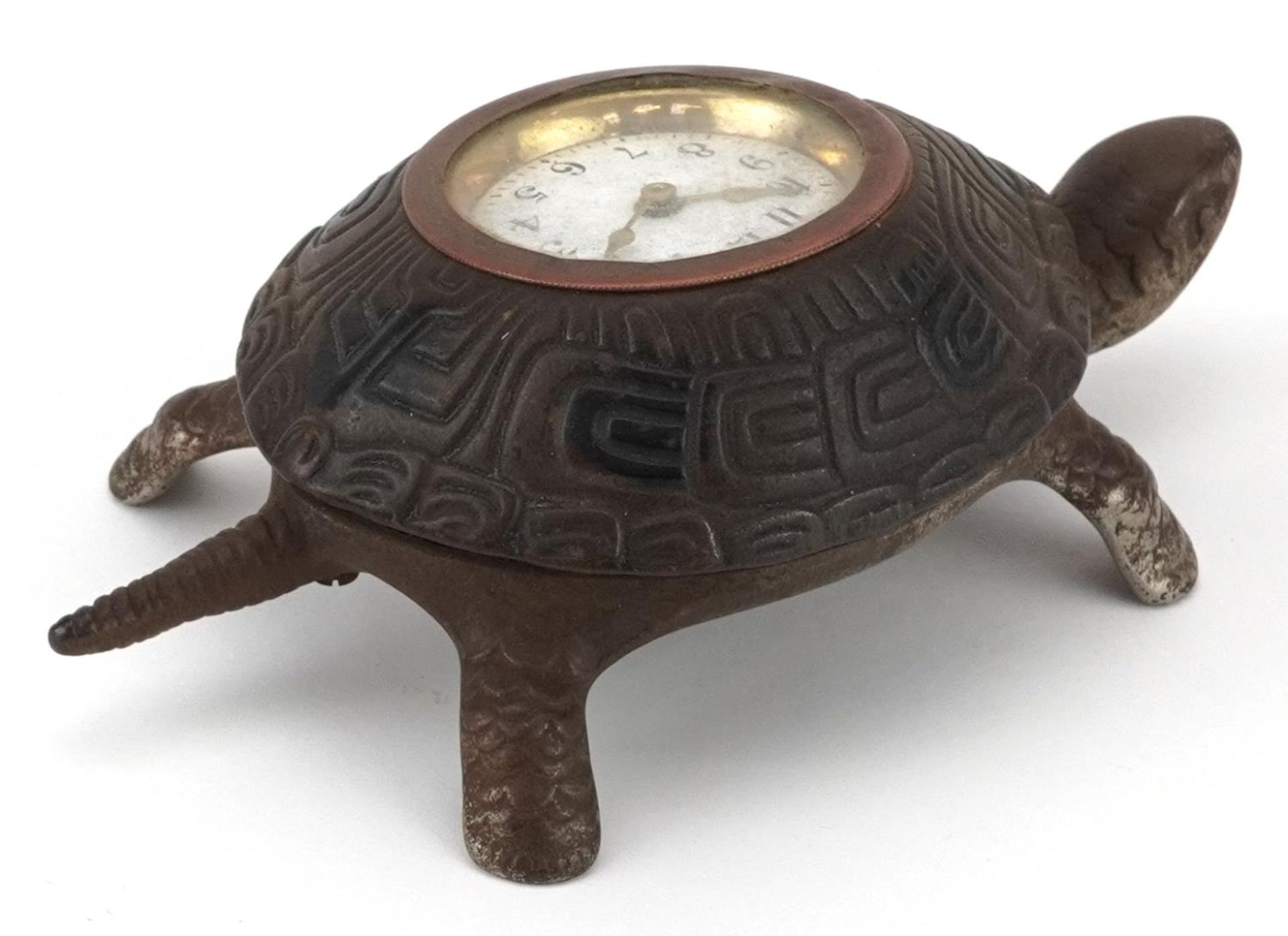 Victorian iron desk clock in the form of a turtle with enamelled dial having Arabic numerals, 17cm - Image 3 of 4