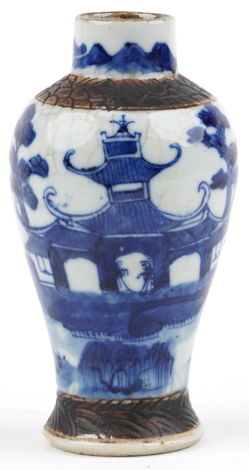 Chinese blue and white crackle glazed porcelain baluster vase hand painted with figures beside