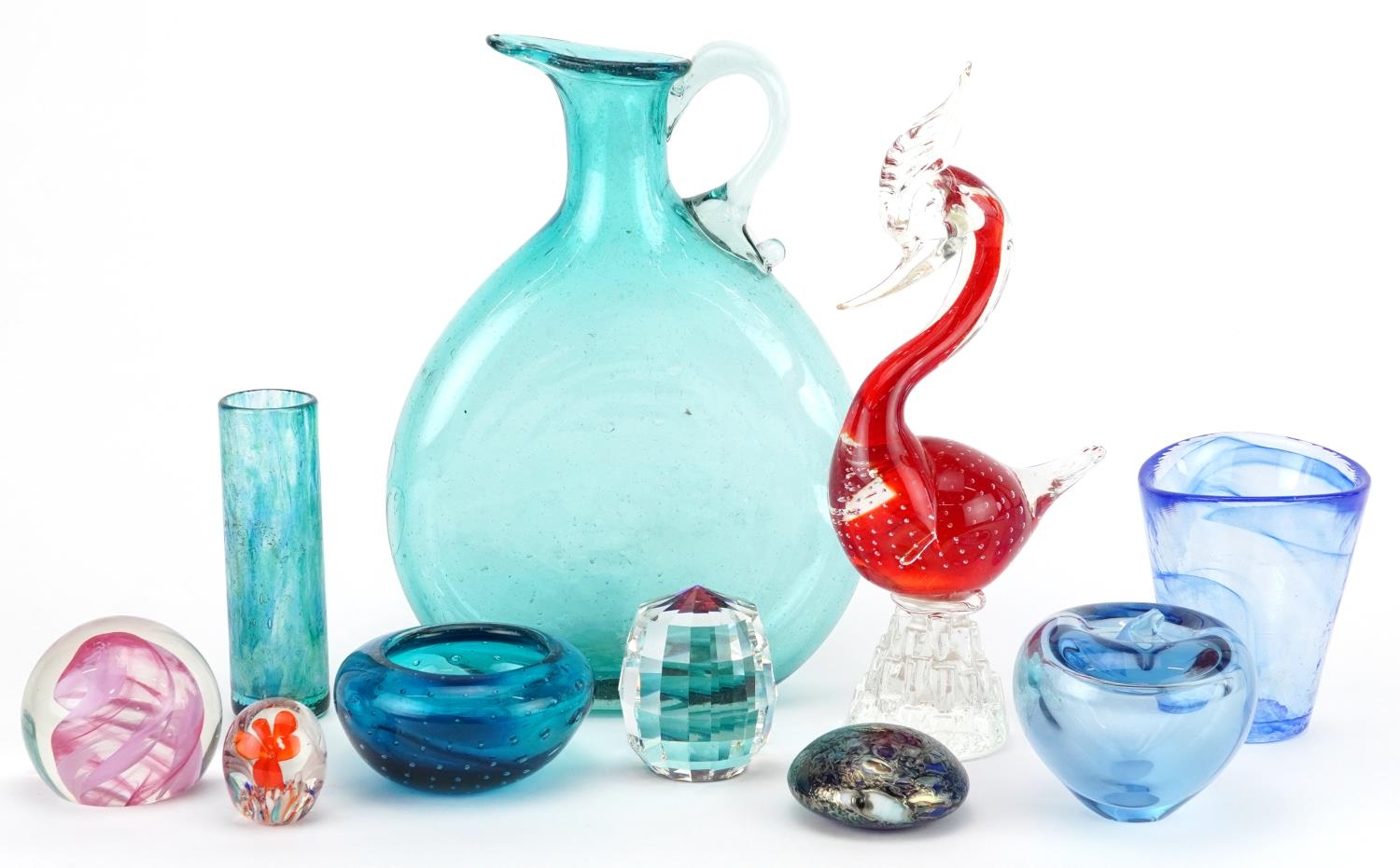Art glassware including a Maltese Phoenician paperweight, Isle of Wight cylindrical vase and