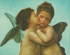 After William Adolphe Bouguereau - The First Kiss, oil on canvas laid on board, mounted and