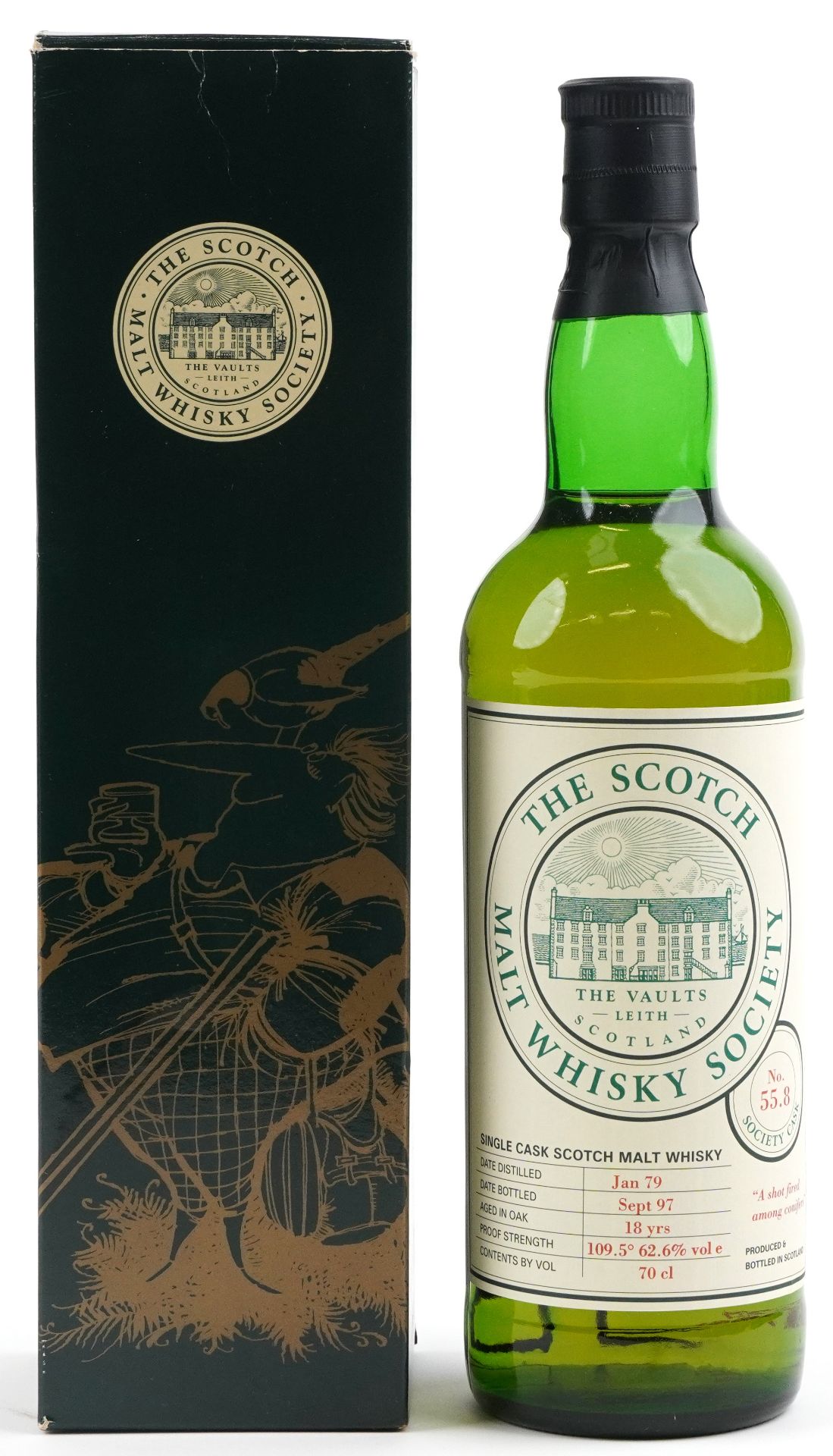 Bottle of Scotch Malt Whisky Society Single Cask 18 years old whisky with box, Society cask no 55.8,