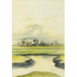 Hans Simoleit - Landscape with river, German Expressionist watercolour, Franz Leuwerbremen label