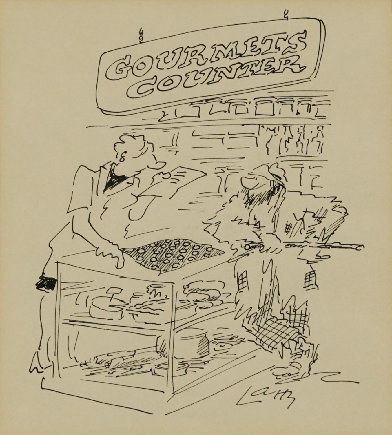 Terence Larry Parkes - Gourmet Counter, ink illustration, inscribed verso, mounted, framed and