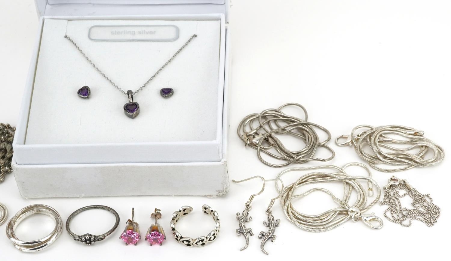 Silver and white metal jewellery including necklaces, pink stone earrings and an amethyst love heart - Image 3 of 4
