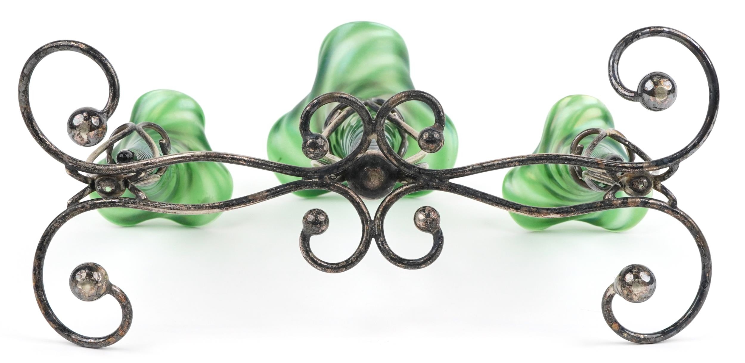 Art Nouveau silver plated three branch epergne stand with three iridescent green glass liners, - Image 3 of 3