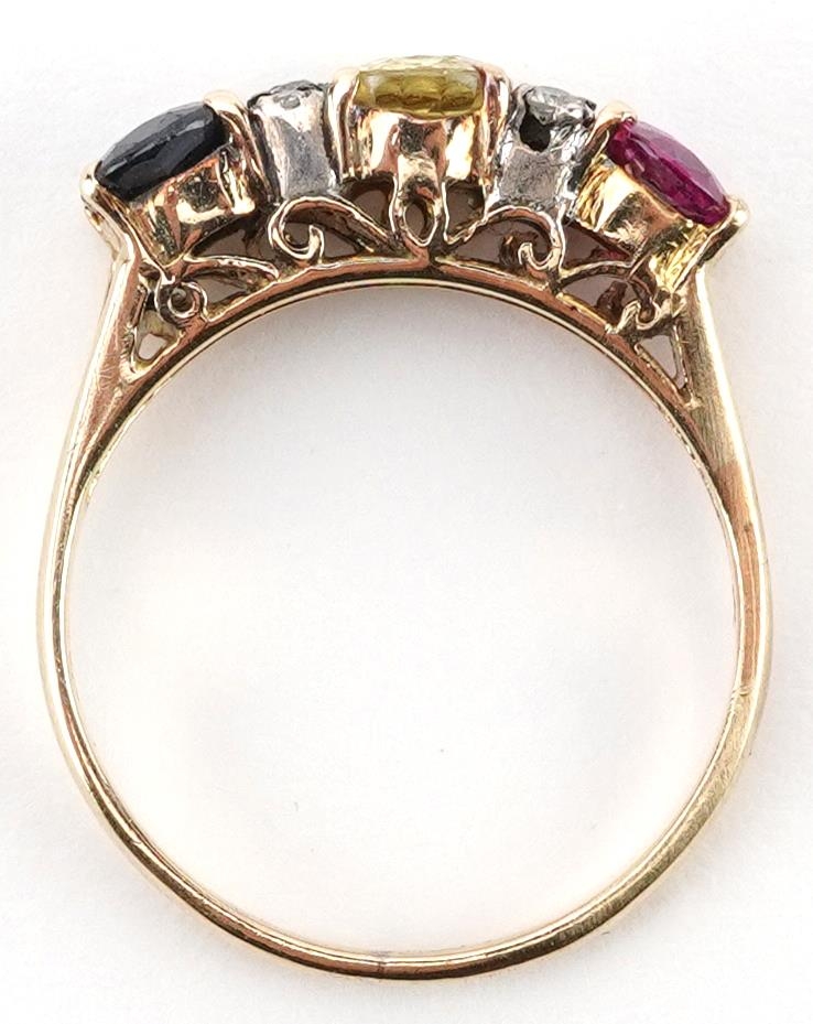 Continental gold multi gem ring set with six diamonds, ruby, sapphire and citrine, tests as 9ct - Image 3 of 4