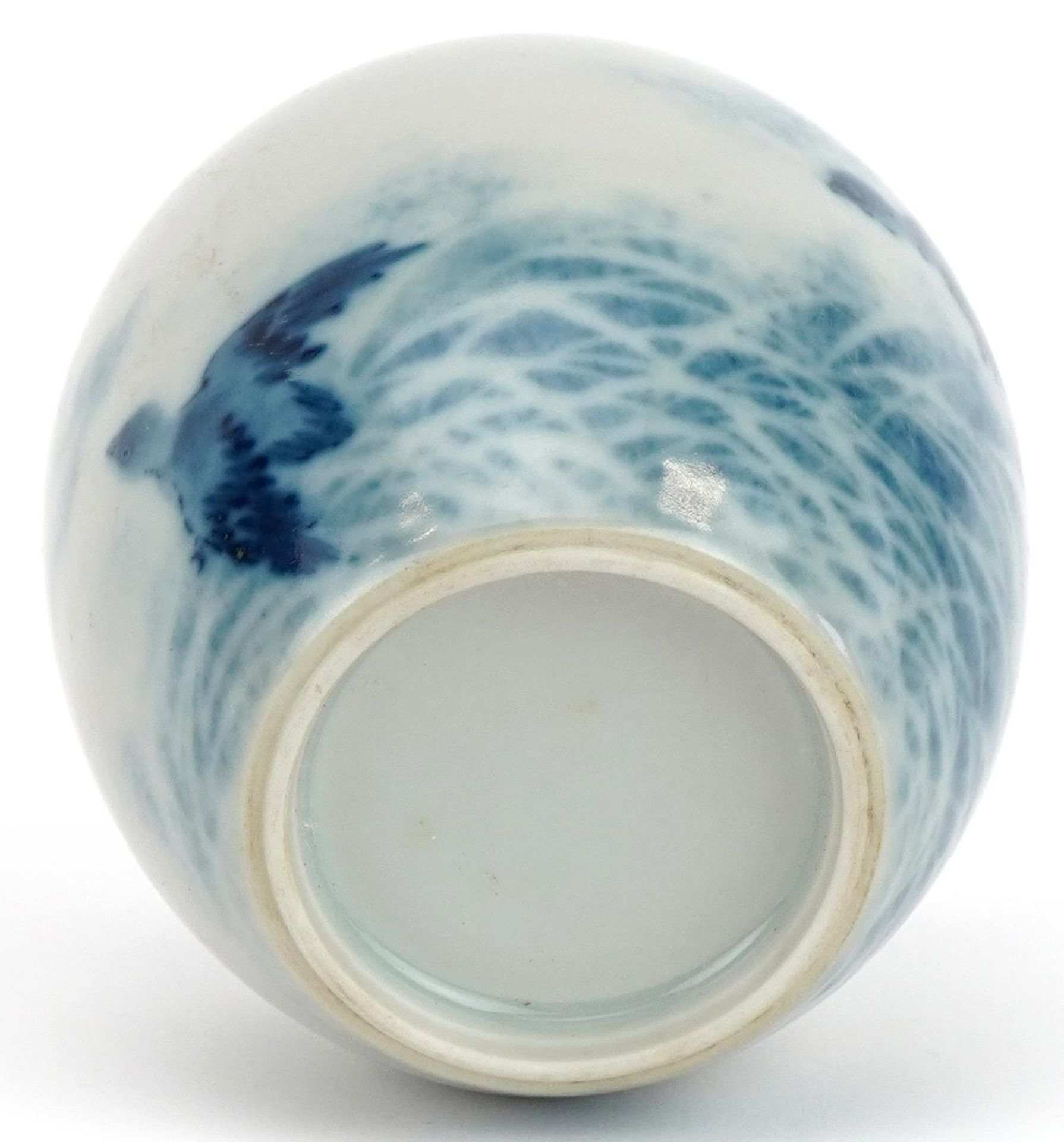 Chinese blue and white porcelain vase with hardwood stand hand painted with birds above waves, - Image 6 of 6