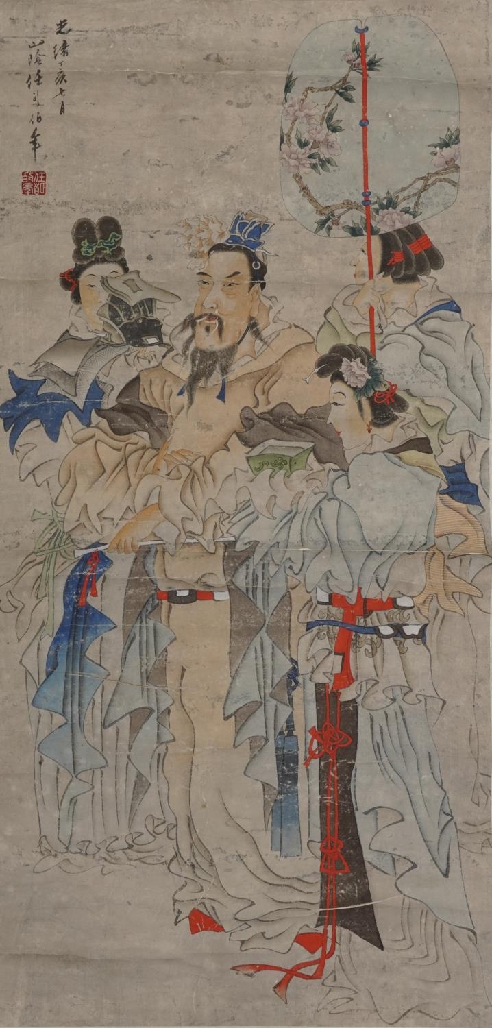 Manner of Ren Bonian - Master served by his maid, Chinese ink and watercolour wall hanging scroll