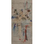Manner of Ren Bonian - Master served by his maid, Chinese ink and watercolour wall hanging scroll