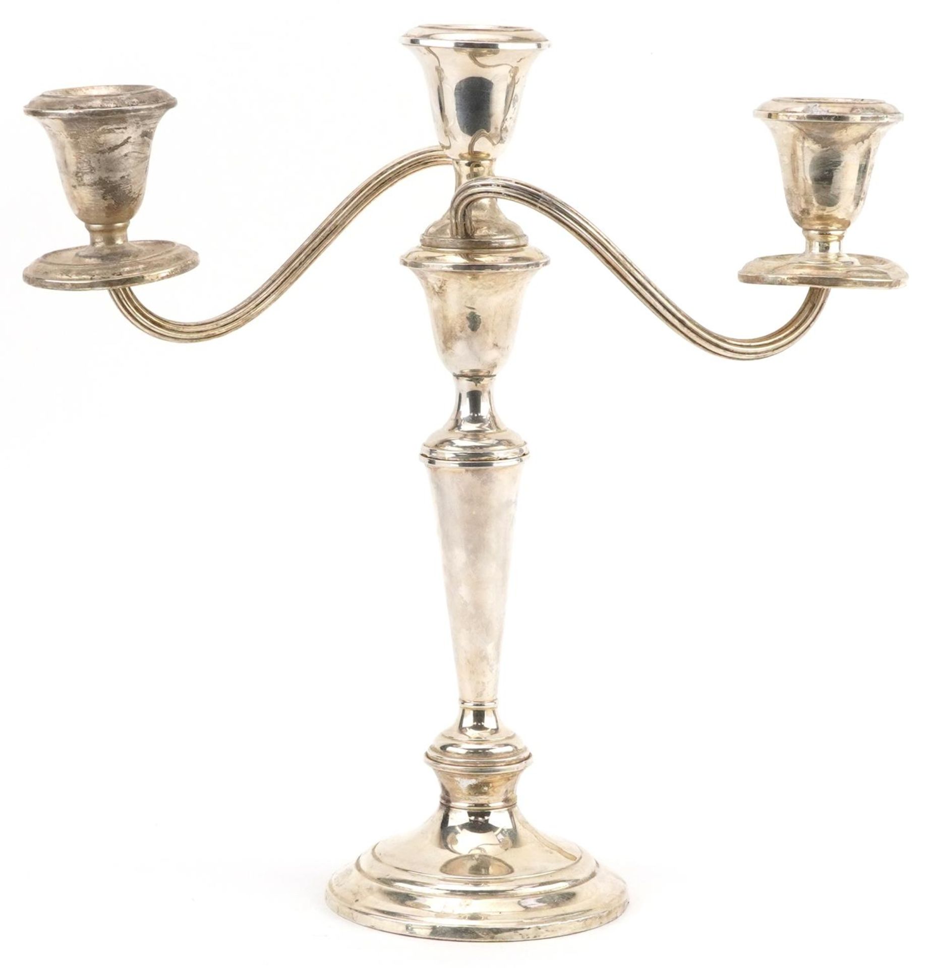 Gorham, American sterling silver three branch candelabra numbered 808/1 to the base, 29.5cm high,