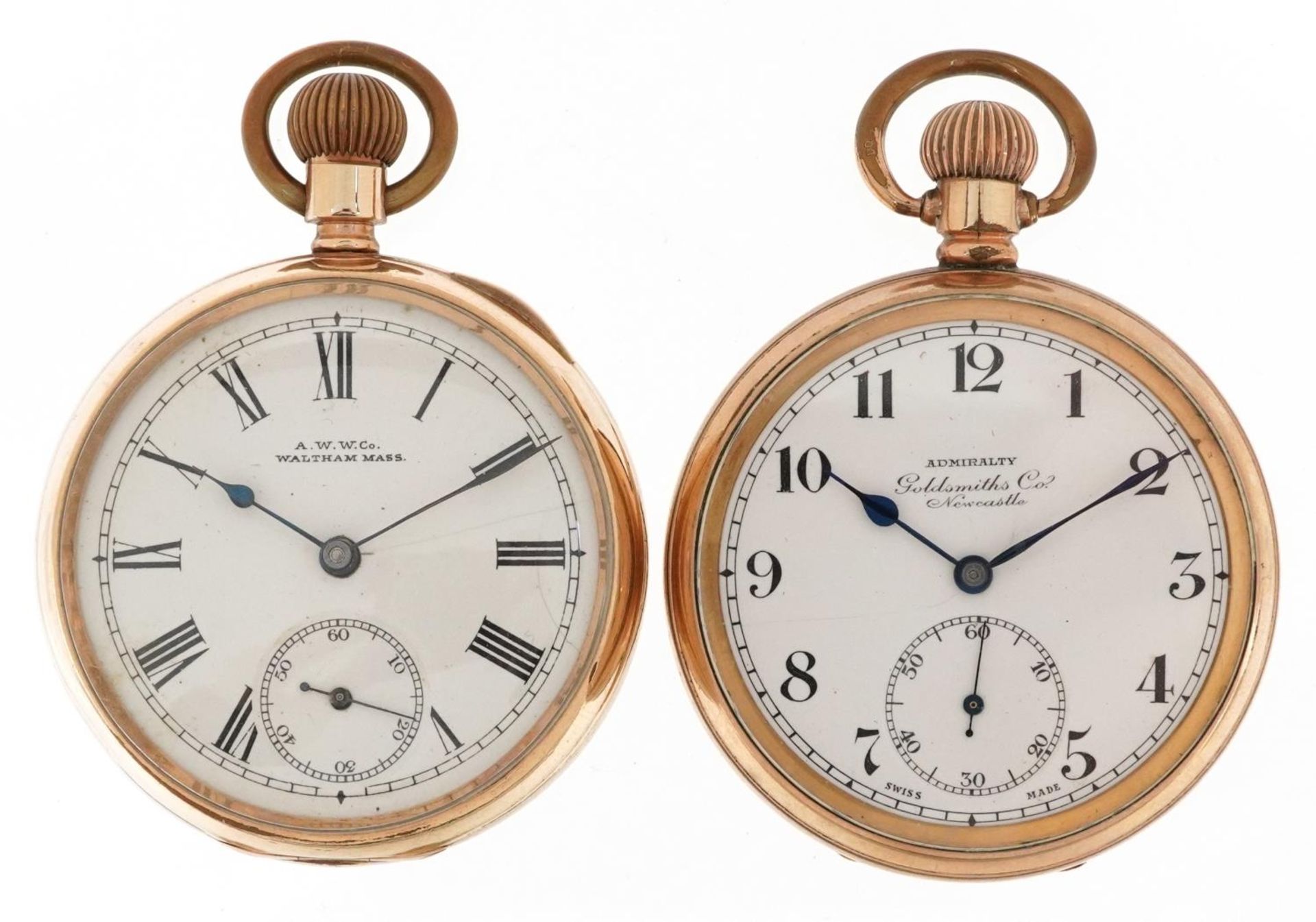 Two gentlemen's gold plated open face keyless pocket watches comprising Waltham and Admiralty,