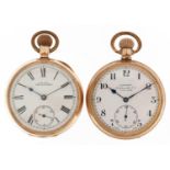 Two gentlemen's gold plated open face keyless pocket watches comprising Waltham and Admiralty,