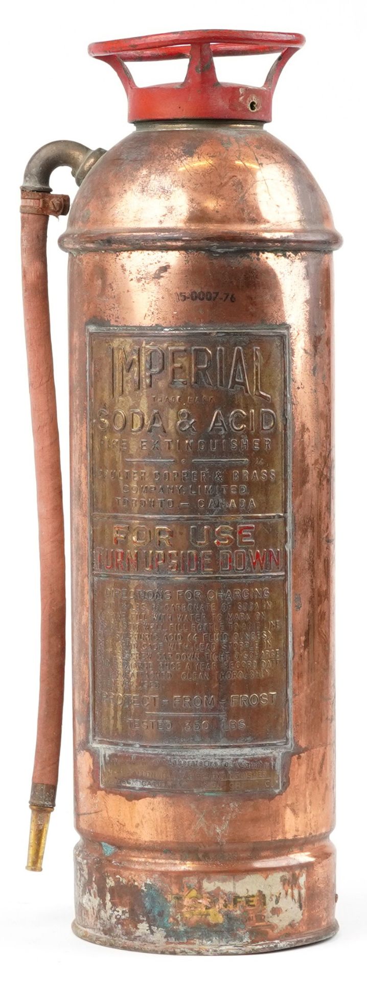 Vintage Canadian Imperial soda and acid copper fire extinguisher with brass plaques, 60.5cm high