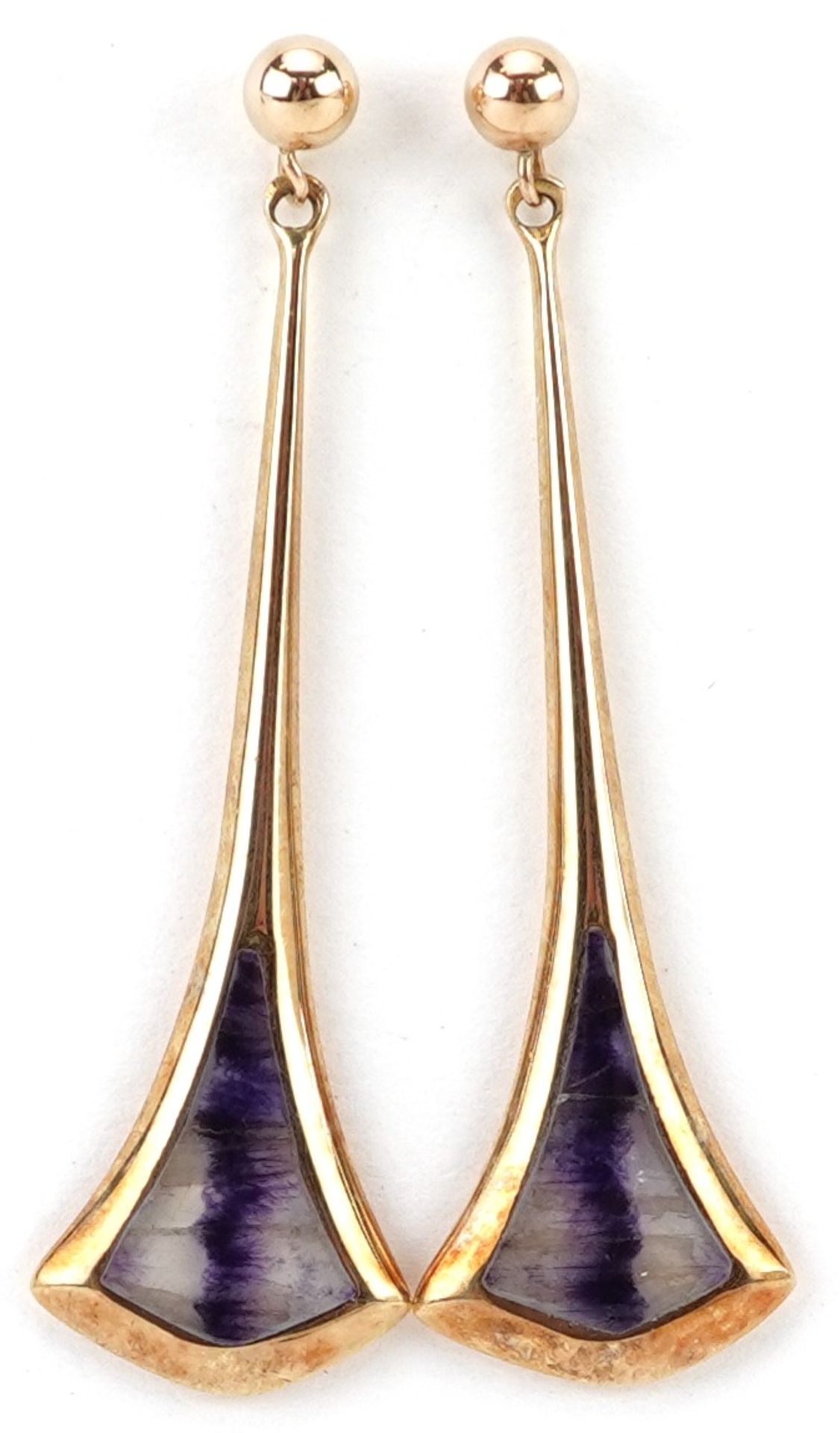 Ralph Weston, pair of Scottish 9ct gold Modernist Blue John drop earrings, Edinburgh 2005, 4.5cm