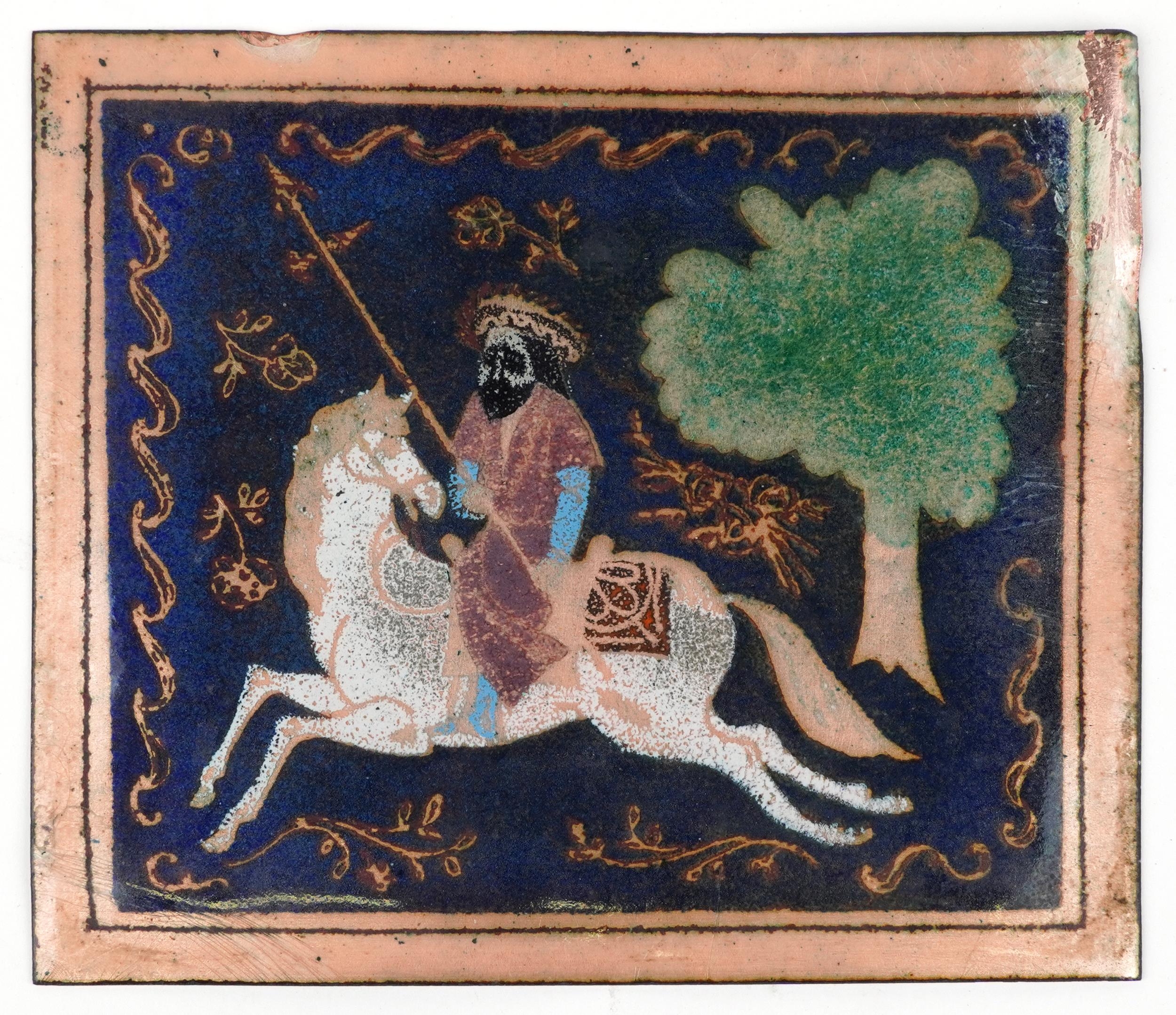 Rectangular Persian copper panel enamelled with a figure on horseback beside a tree, 18cm x 15.5cm