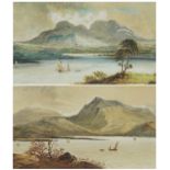 Lake scenes with fishing boats, pair of continental school heightened watercolours, mounted,