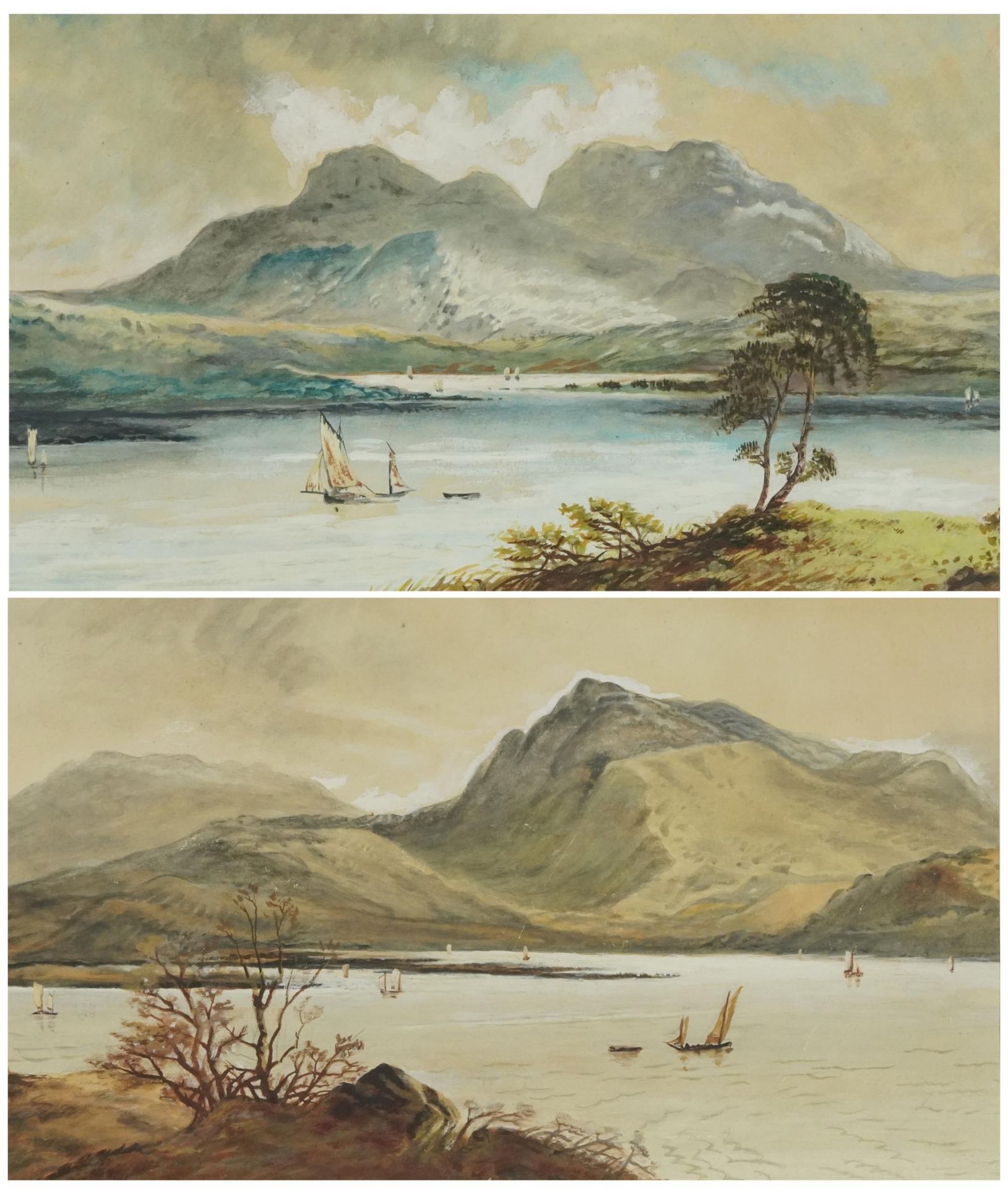 Lake scenes with fishing boats, pair of continental school heightened watercolours, mounted,