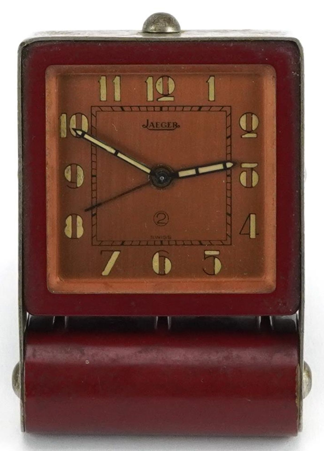 Vintage Jaeger LeCoultre travel alarm clock with square dial having Arabic numerals, 8cm high - Bild 2 aus 4