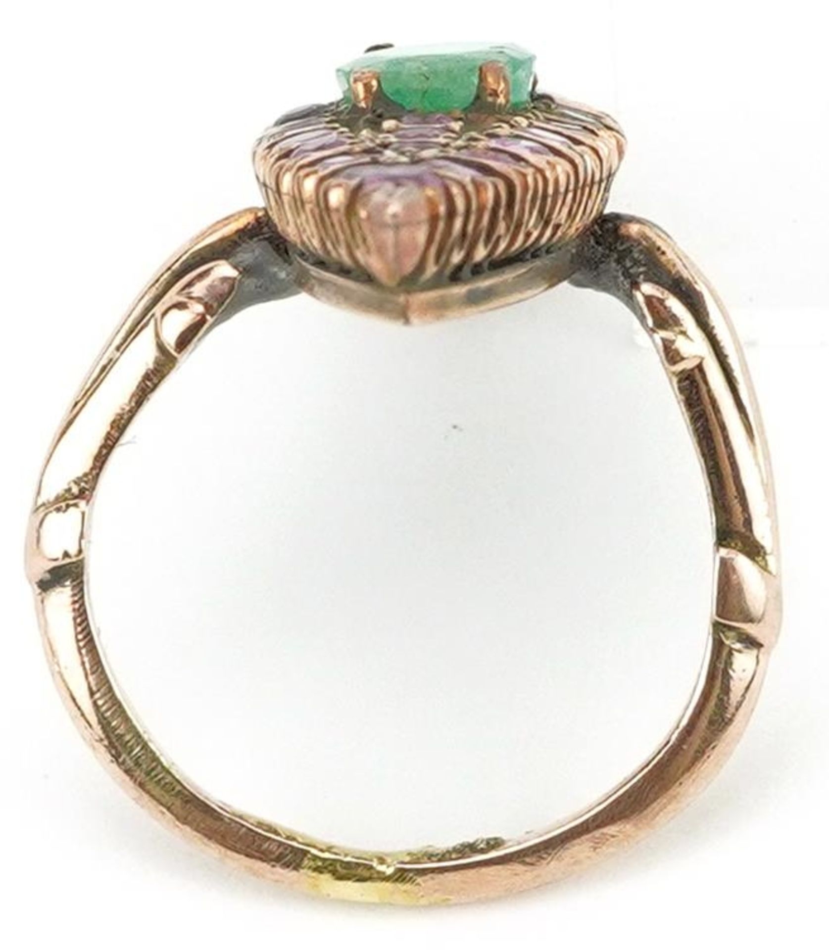 Antique unmarked gold ruby and emerald navette ring, the emerald approximately 7.80mm x 5.60mm x 3. - Bild 3 aus 3