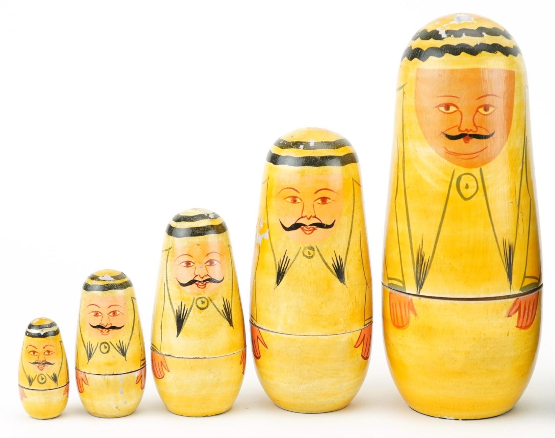 Two vintage Russian lacquered and hand painted wood Matryoshka stacking dolls, each 16cm high - Image 2 of 3