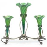 Art Nouveau silver plated three branch epergne stand with three iridescent green glass liners,