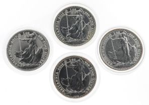 Four Elizabeth II Britannia one ounce fine silver two pounds comprising dates 2014, 2015, 2016 and